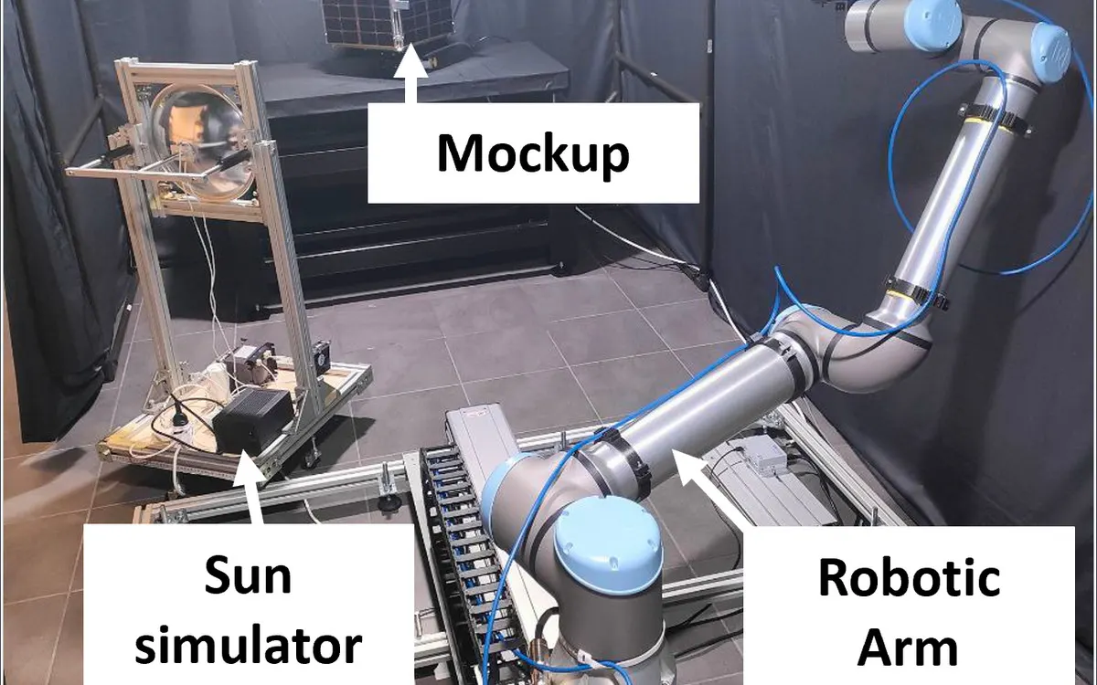 La zona di prova con braccio robotico, mockup e simulatore solare